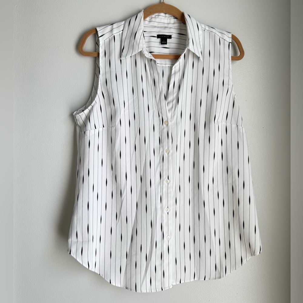 Ann Taylor White and Black Sleeveless Button-Down Shirt